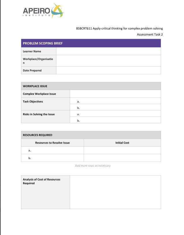 APEIRO STITUT BSBCRT611 Apply critical thinking