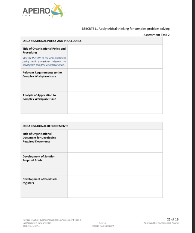 APEIRO STITUT BSBCRT611 Apply critical thinking