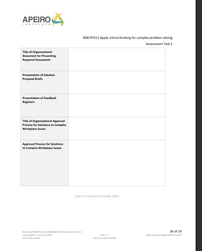 APEIRO STITUT BSBCRT611 Apply critical thinking