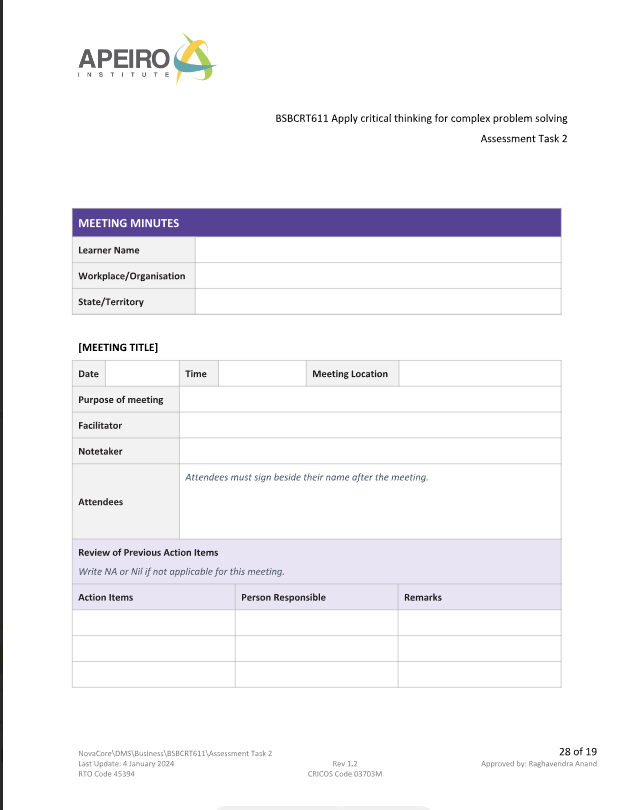 APEIRO STITUT BSBCRT611 Apply critical thinking
