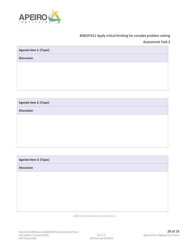 APEIRO STITUT BSBCRT611 Apply critical thinking