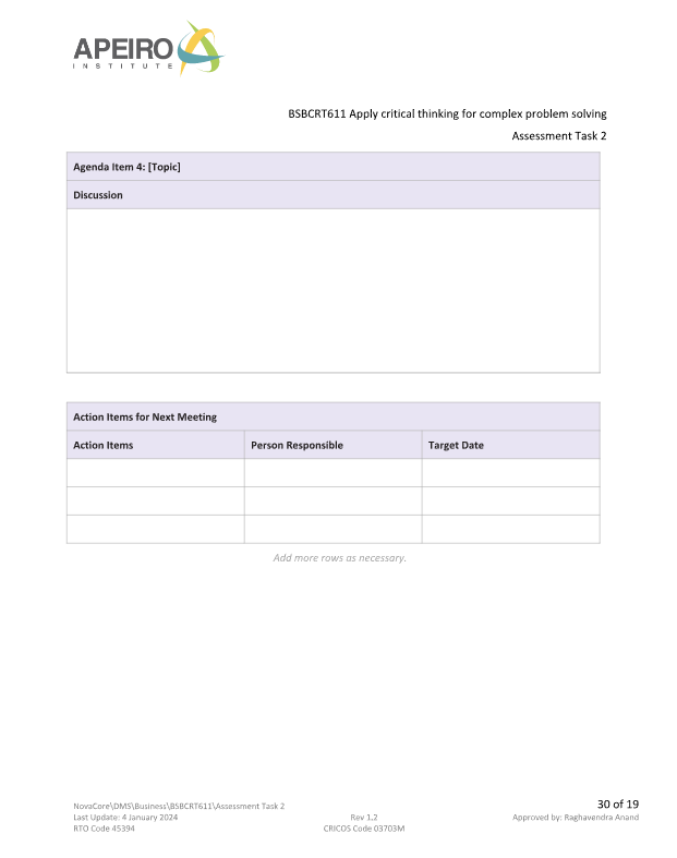 APEIRO STITUT BSBCRT611 Apply critical thinking