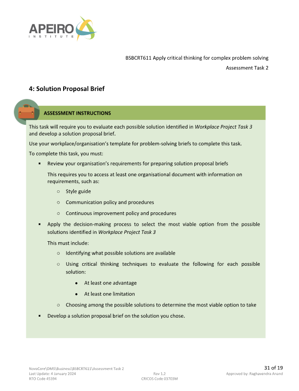 APEIRO STITUT BSBCRT611 Apply critical thinking