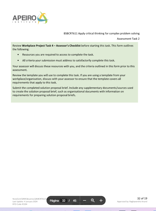 APEIRO STITUT BSBCRT611 Apply critical thinking