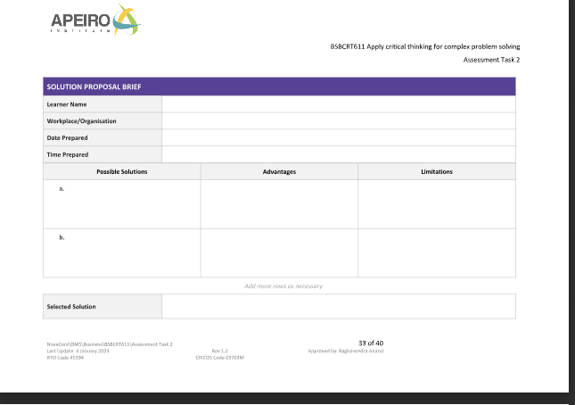 APEIRO STITUT BSBCRT611 Apply critical thinking