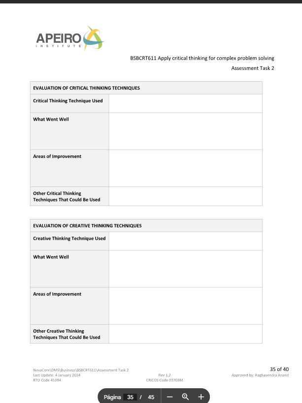 APEIRO STITUT BSBCRT611 Apply critical thinking