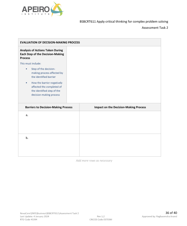 APEIRO STITUT BSBCRT611 Apply critical thinking