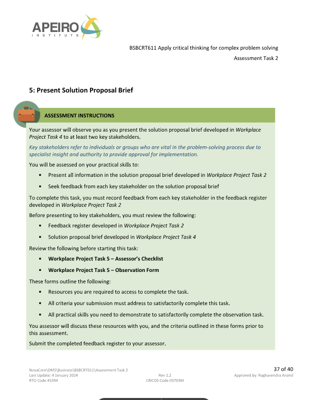 APEIRO STITUT BSBCRT611 Apply critical thinking