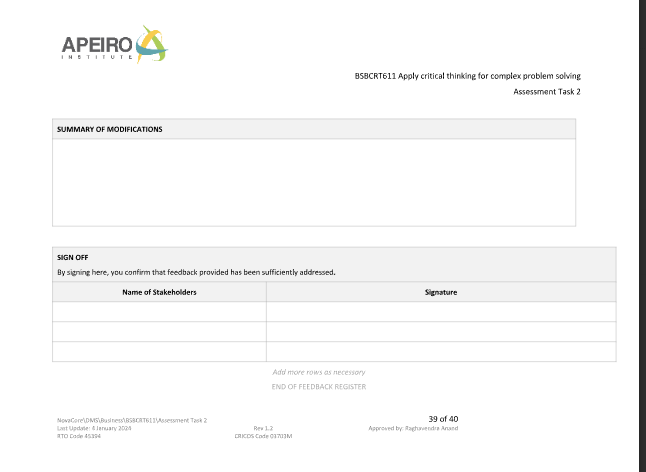 APEIRO STITUT BSBCRT611 Apply critical thinking
