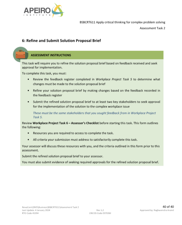 APEIRO STITUT BSBCRT611 Apply critical thinking