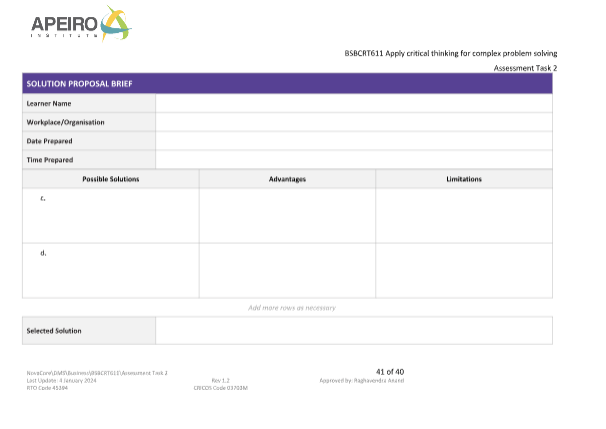 APEIRO STITUT BSBCRT611 Apply critical thinking