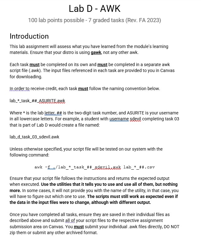 Lab D - AWK 100 lab points possible - 7 graded