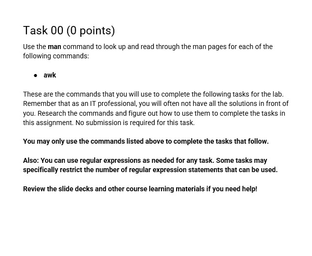 Lab D - AWK 100 lab points possible - 7 graded
