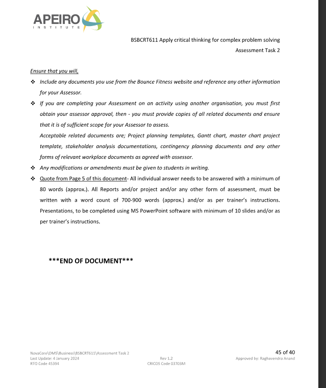 APEIRO STITUT BSBCRT611 Apply critical thinking