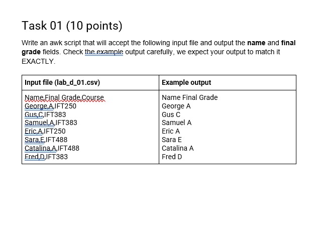 Lab D - AWK 100 lab points possible - 7 graded