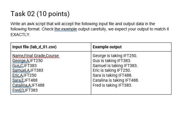 Lab D - AWK 100 lab points possible - 7 graded