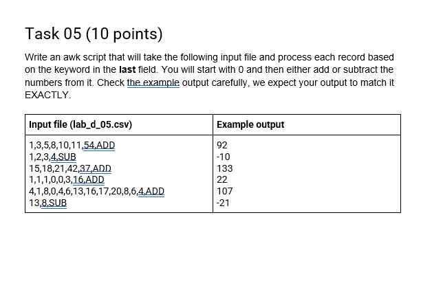 Lab D - AWK 100 lab points possible - 7 graded