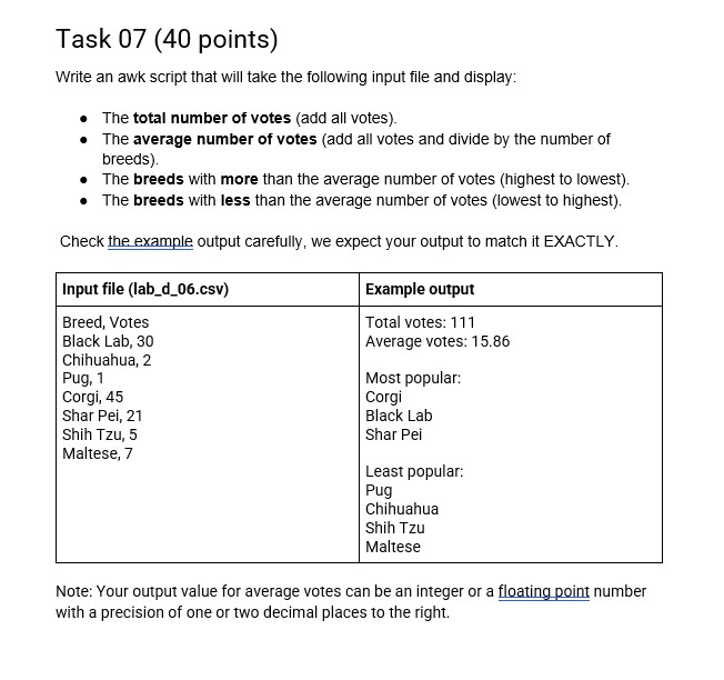 Lab D - AWK 100 lab points possible - 7 graded