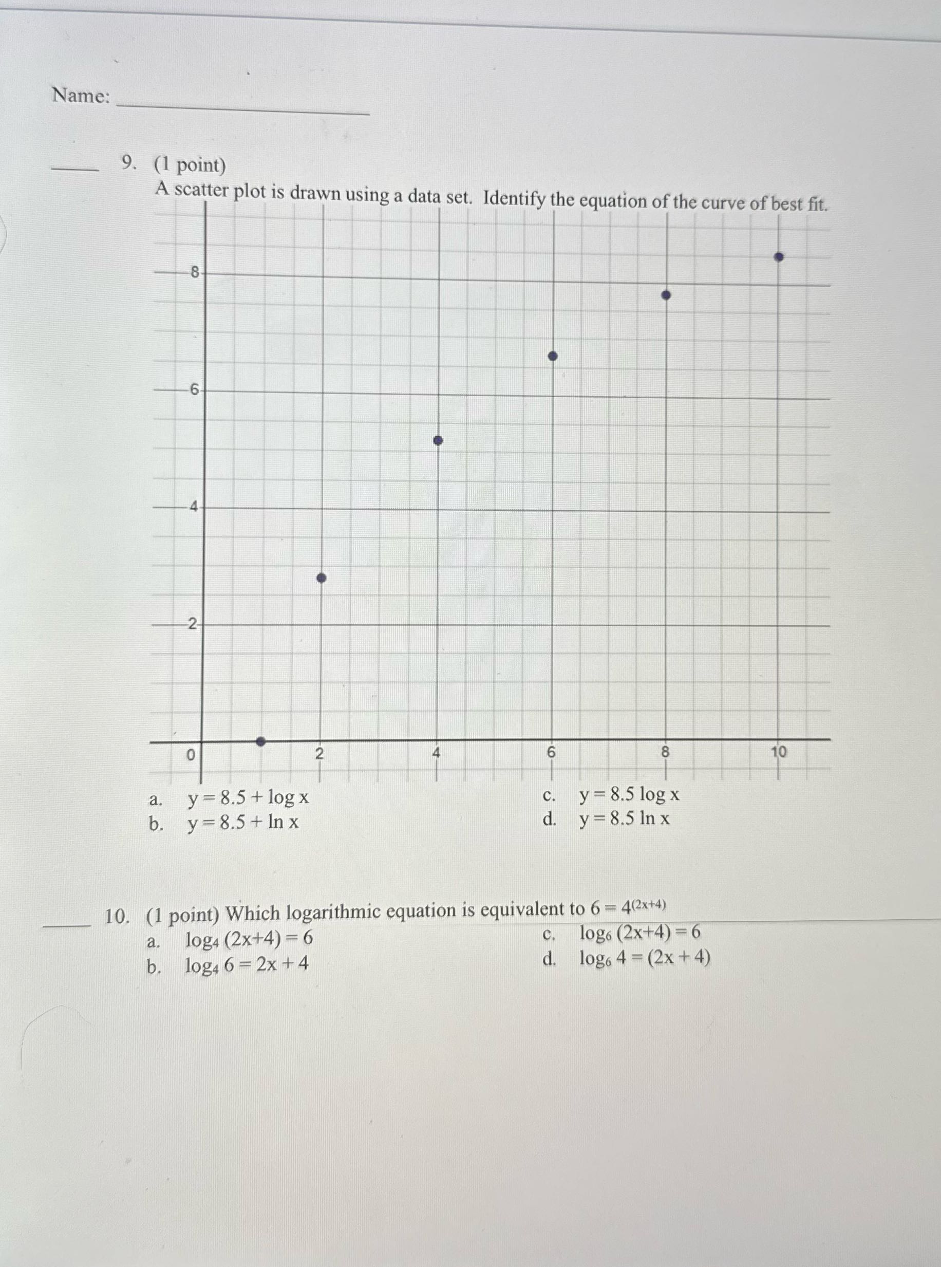 Name: 9. (1 point) A scatter plot is drawn using