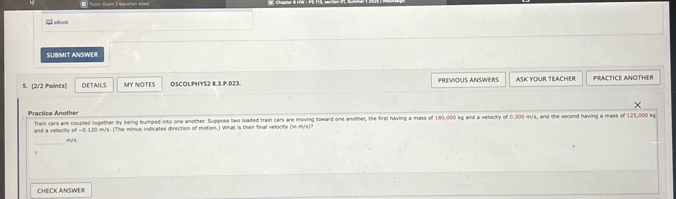 E Topic: Exam 2 equation sheet W Chapter 8 HW -
