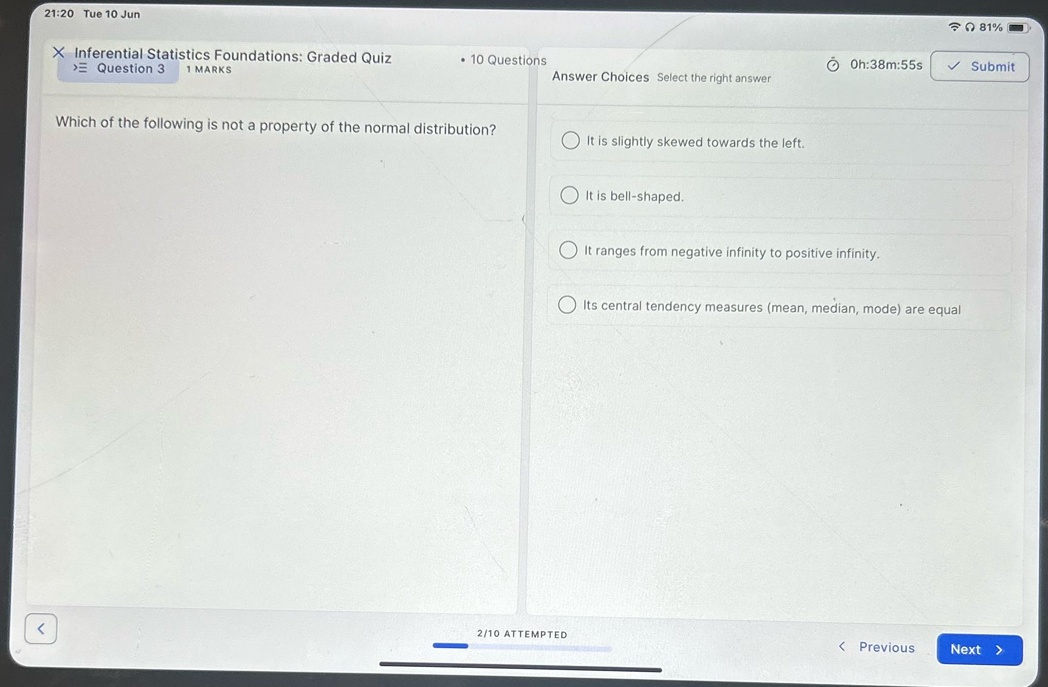 21:20 Tue 10 Jun 81% X Inferential Statistics