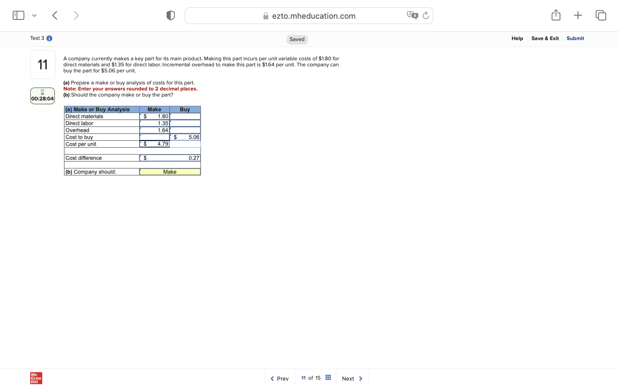 ezto.mheducation.com + Test 3 1 Saved Help Save &