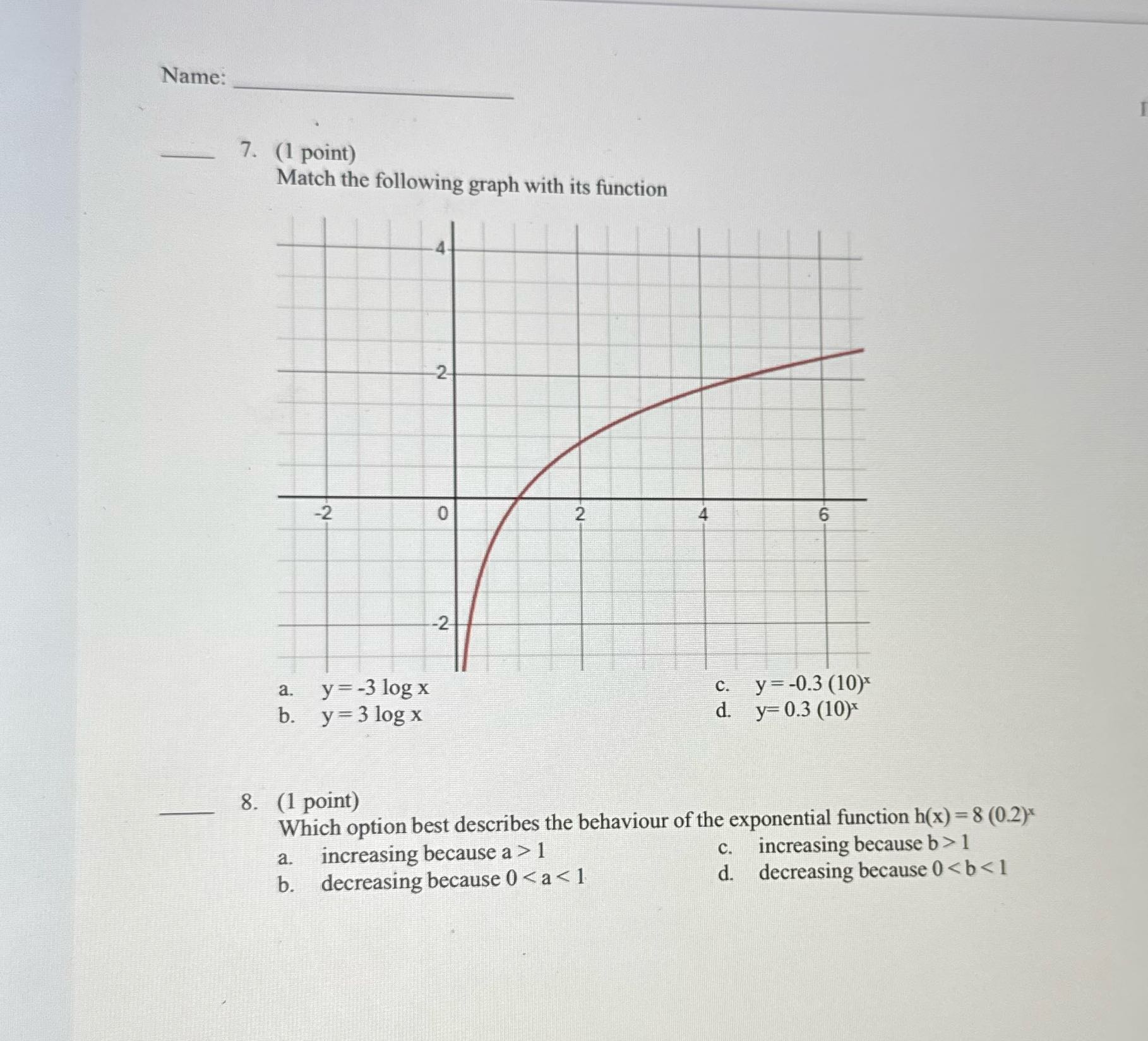 Name: 7. (1 point) Match the following graph with