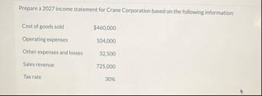 Prepare a 2 0 2 7 income statement for Crane
