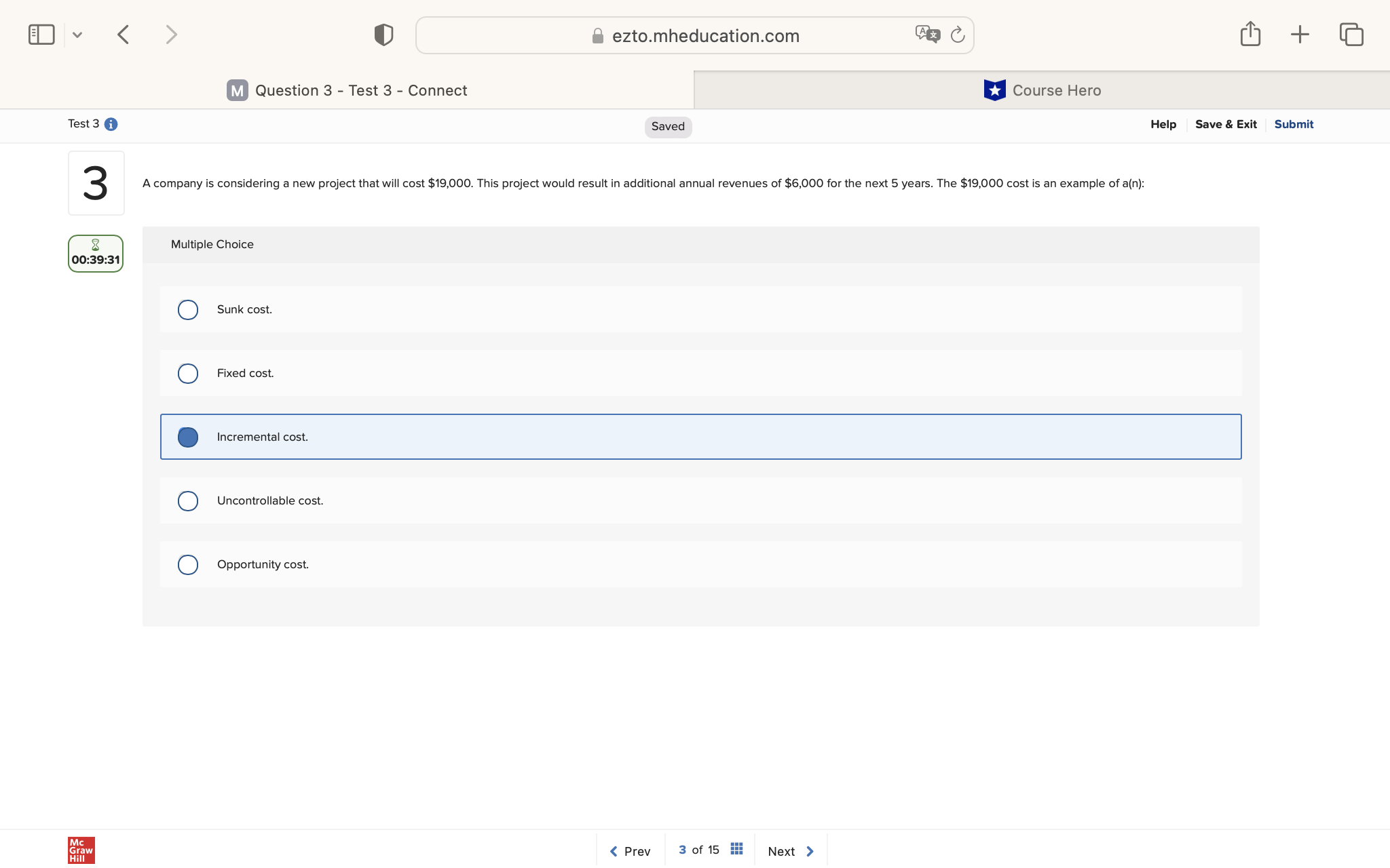 ezto.mheducation.com + M Question 3 - Test 3 -