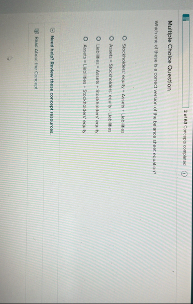 2 of 6 3 Concepts completed Multiple Choice