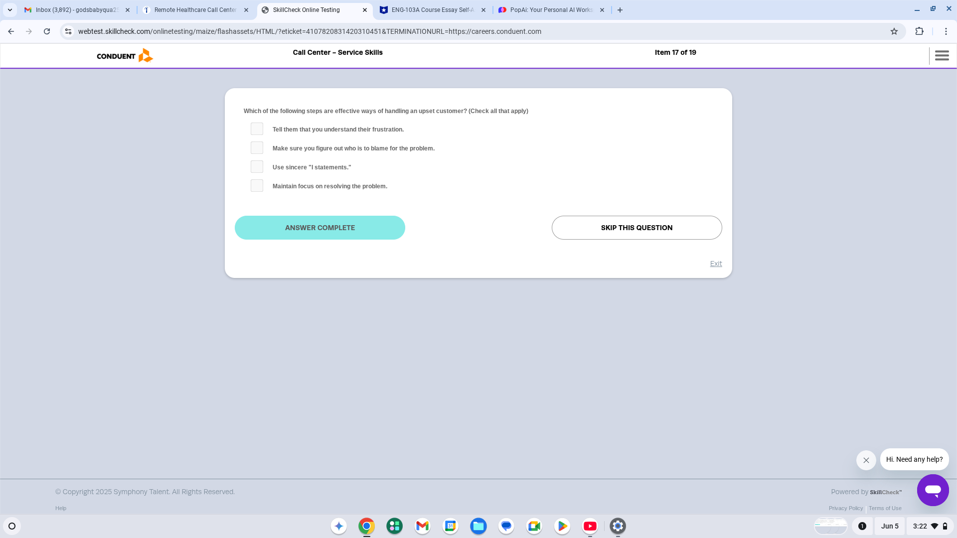 Answer @ SkillCheck Online Testing CONDUENT &