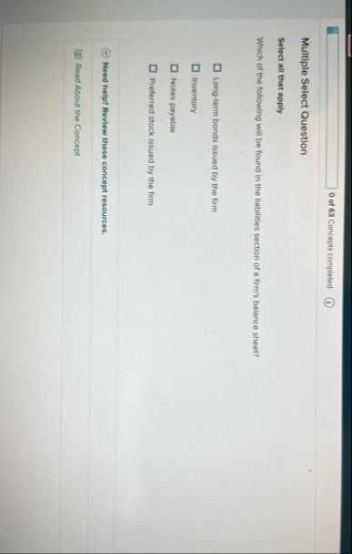 0 of 6 3 Concepts completed Multiple Select