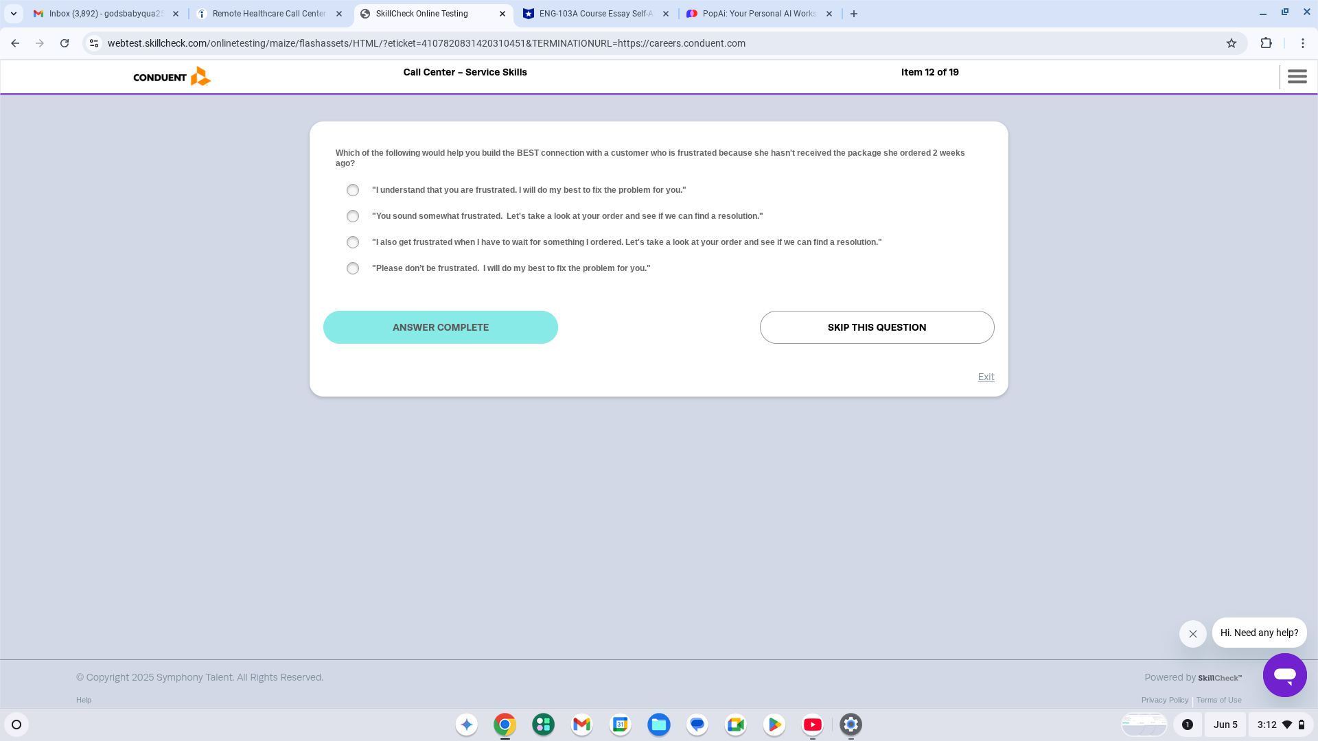 Answer @ SkillCheck Online Testing CONDUENT &