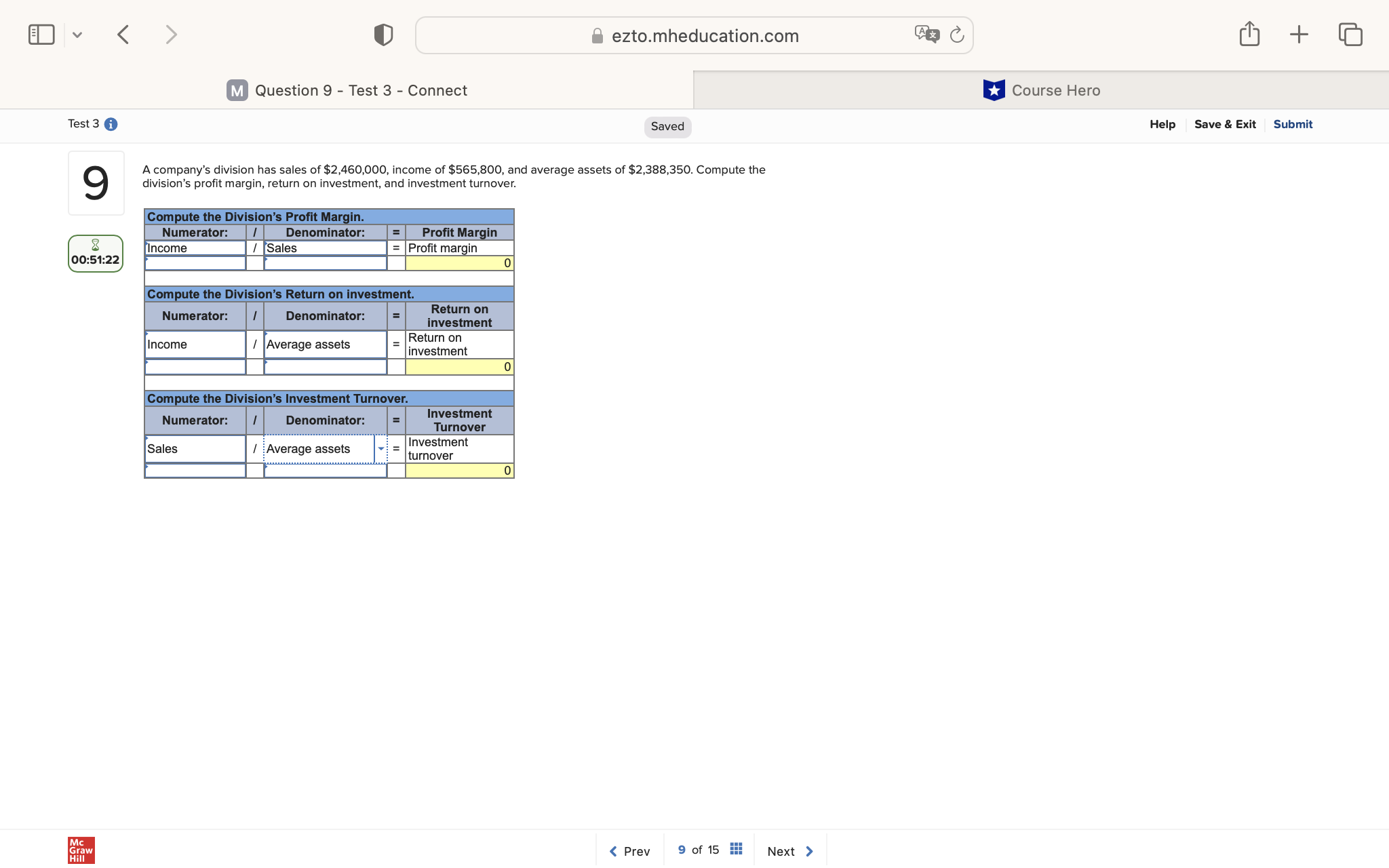 ezto.mheducation.com + M Question 9 - Test 3 -