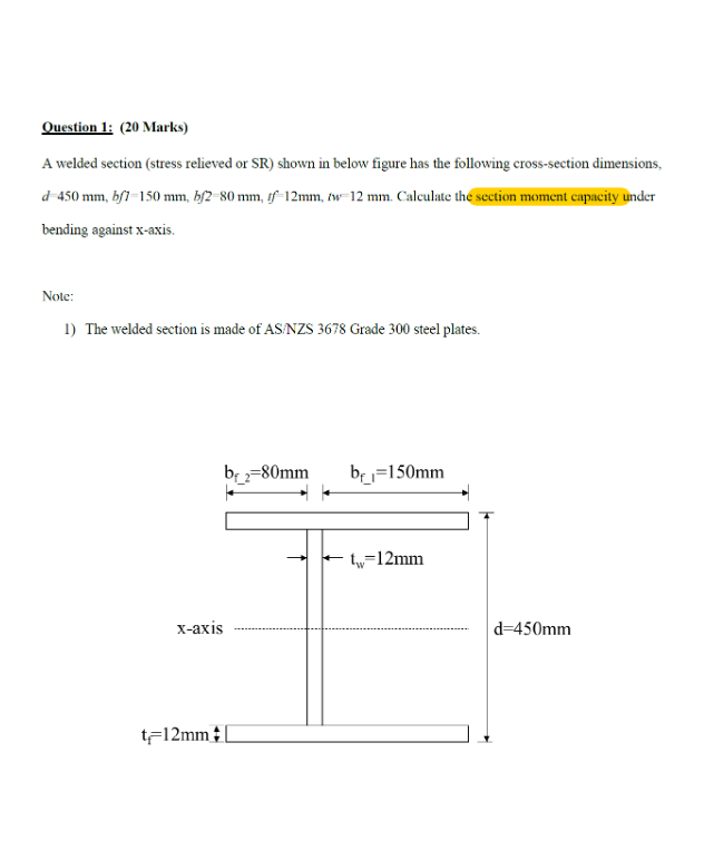 Question 1: (20 Marks) A welded section (stress