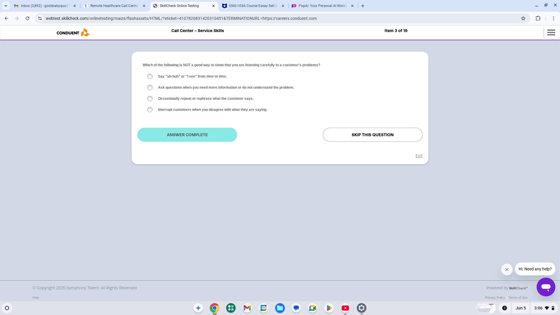 Answer @ SkillCheck Online Testing CONDUENT &