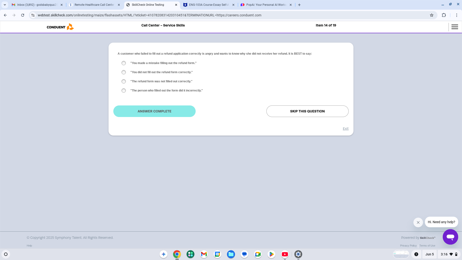 Answer @ SkillCheck Online Testing CONDUENT &