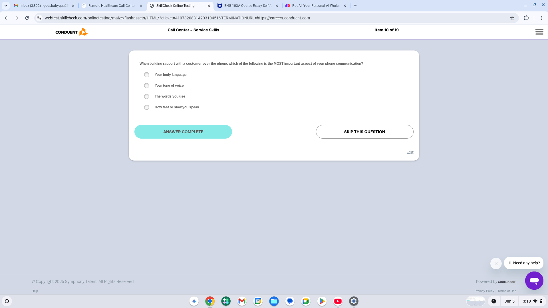 Answer @ SkillCheck Online Testing CONDUENT &