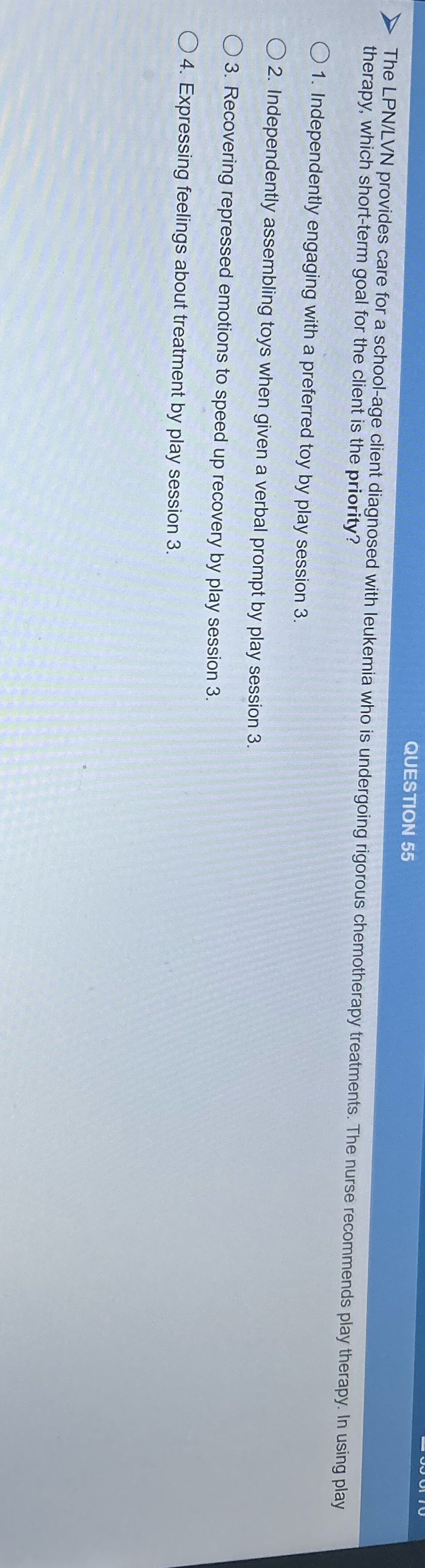 QUESTION 55 The LPN/LVN provides care for a