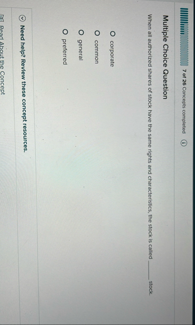 7 of 2 6 Concepts completed Multiple Choice