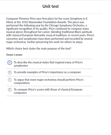 answer Unit test Composer Florence Price won