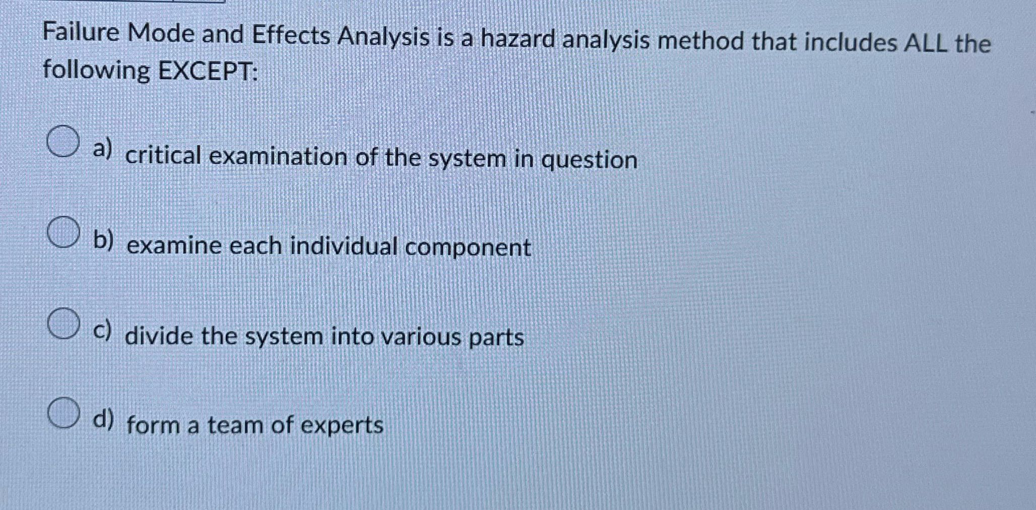 Failure Mode and Effects Analysis is a hazard