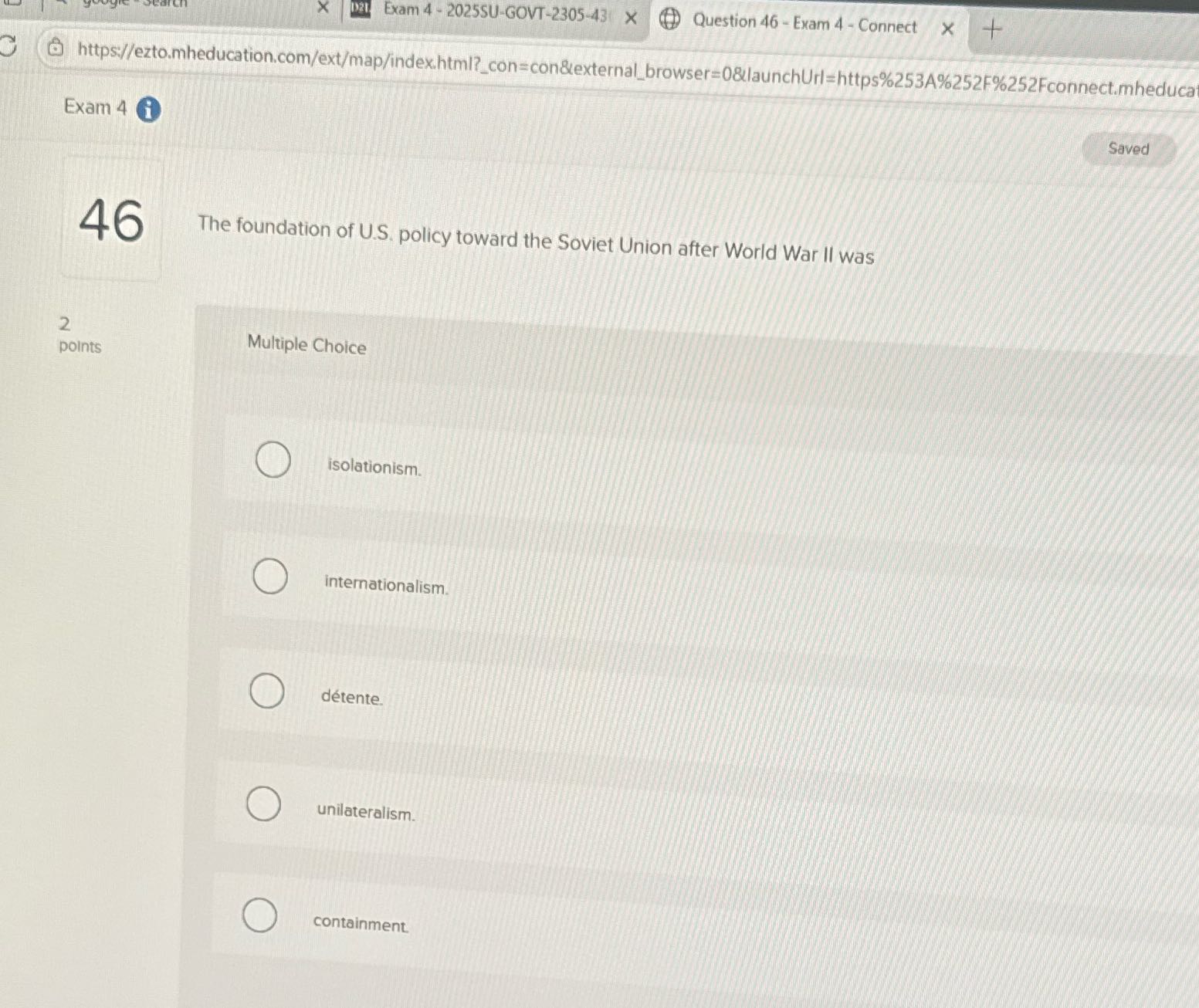 X D21 Exam 4 - 2025SU-GOVT-2305-43( x Question 46