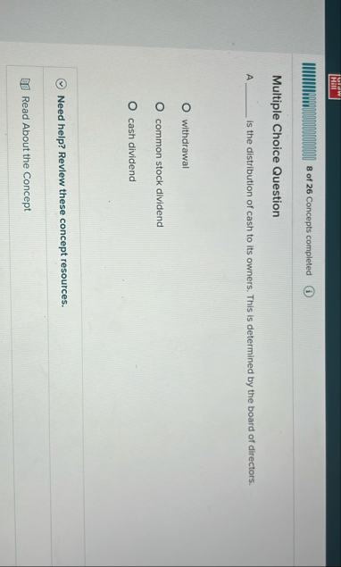 8 of 2 6 Concepts completed Multiple Choice