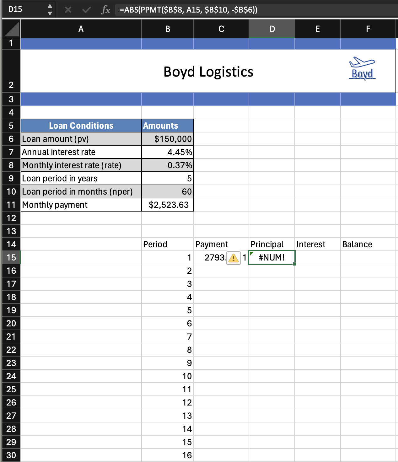 D15 X V fx =ABS(PPMT($B$8, A15, $B$10, -$B$6)) A