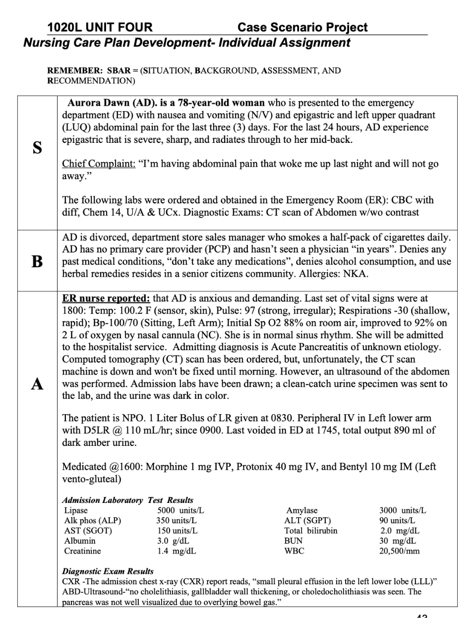 1020L UNIT FOUR Case Scenario Project Nursing