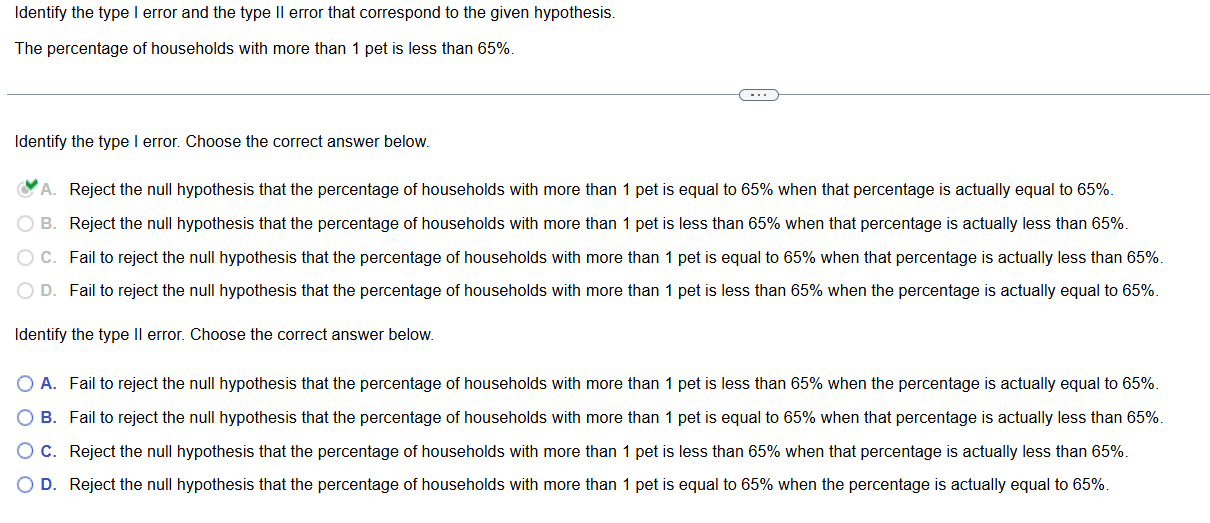 Identify the type | error and the type I! error