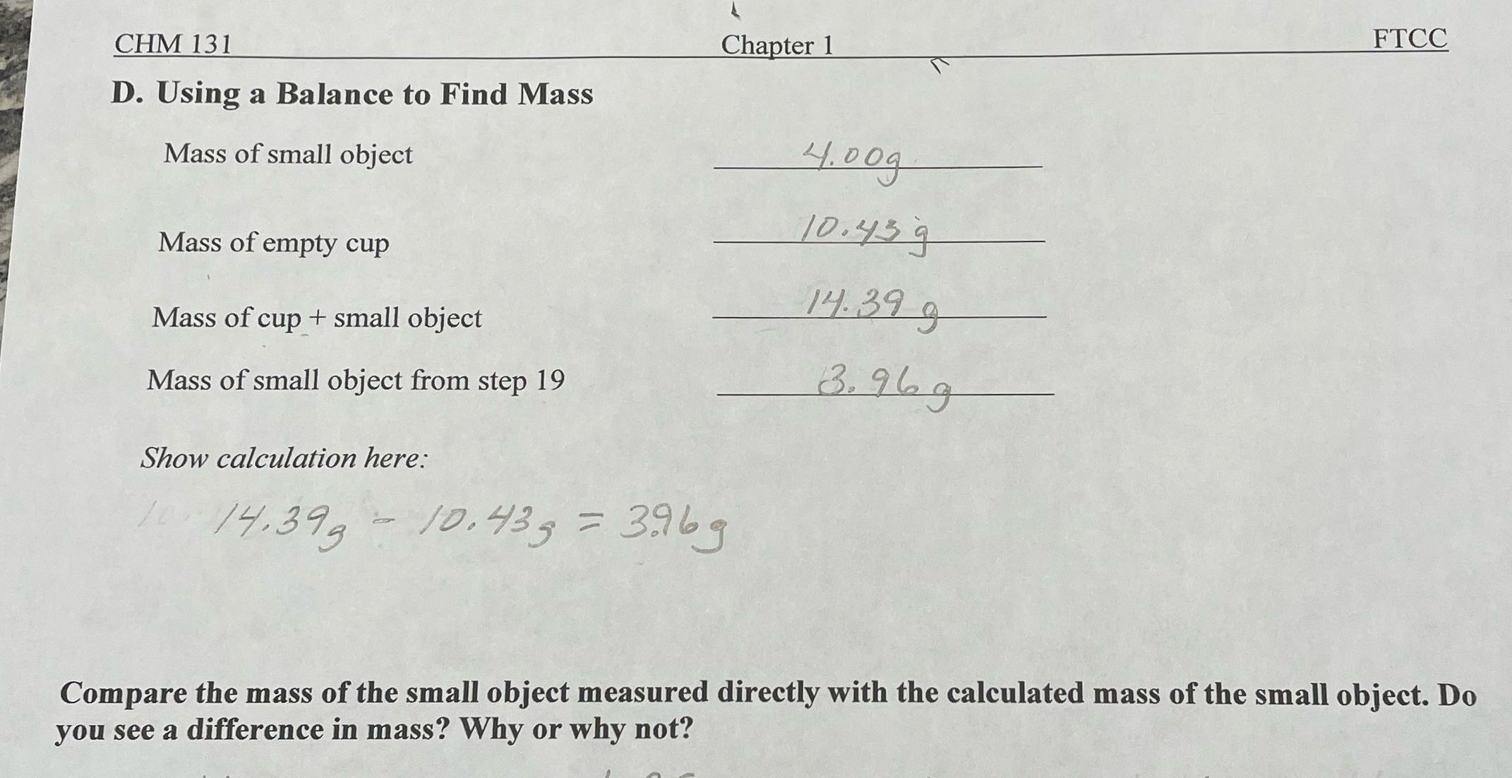 CHM 131 Chapter 1 FTCC D. Using a Balance to Find