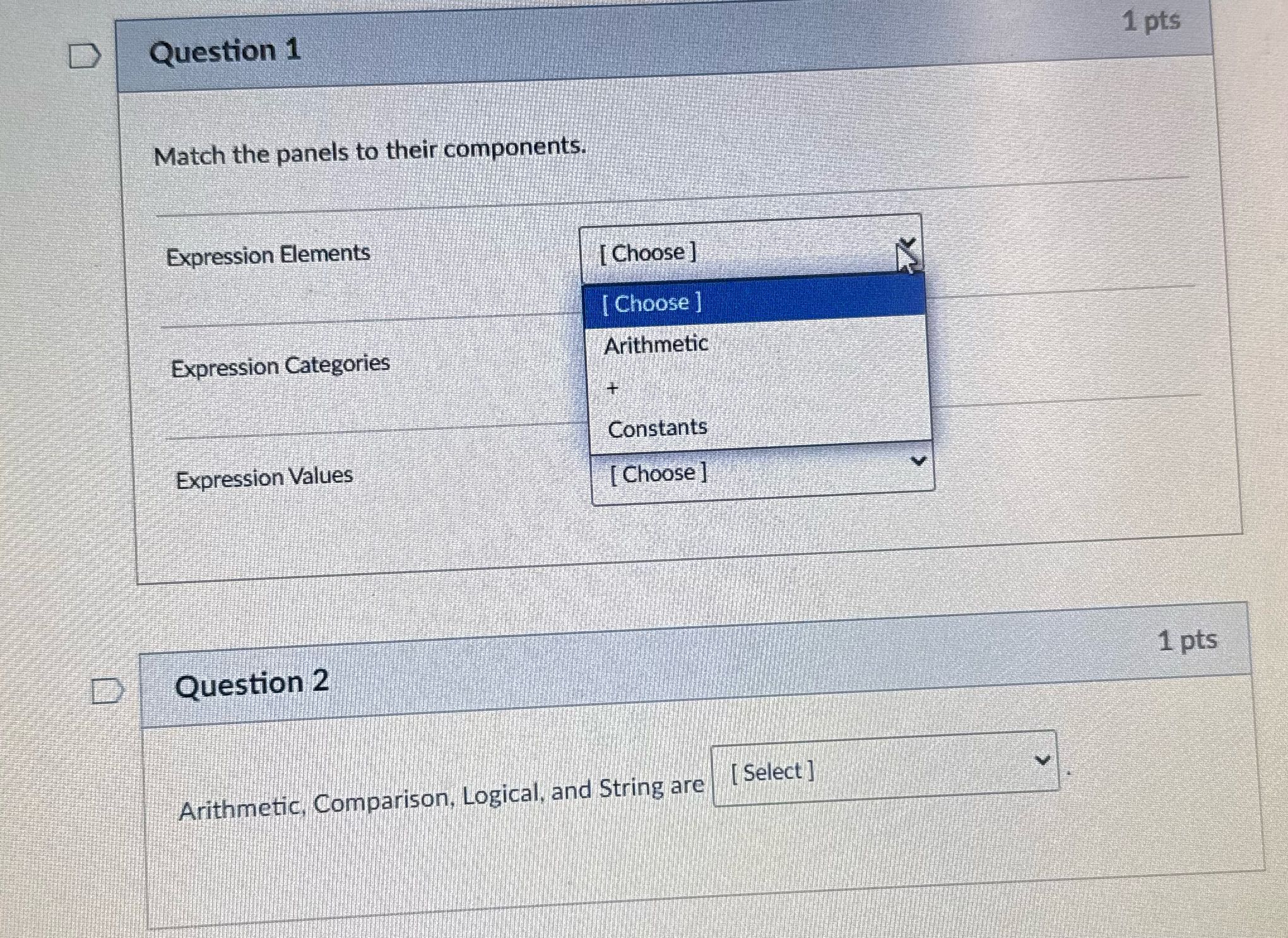 D Question 1 1 pts Match the panels to their