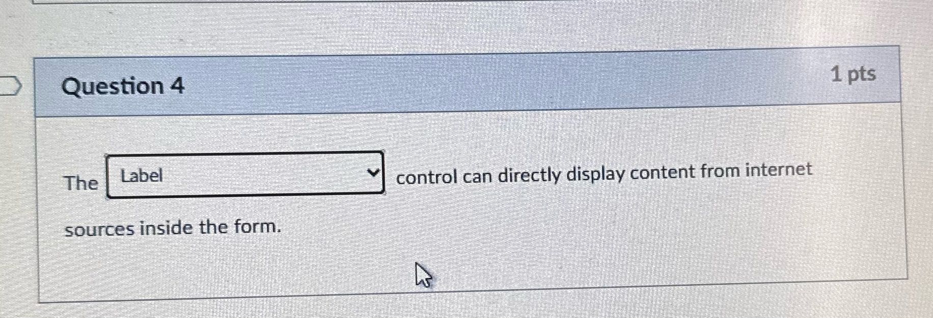 Question 4 1 pts The Label control can directly